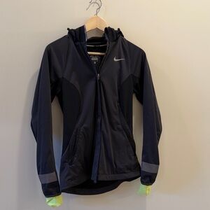 Nike Black Hooded Zip Running Jacket with Neon Yellow Cuff Accents